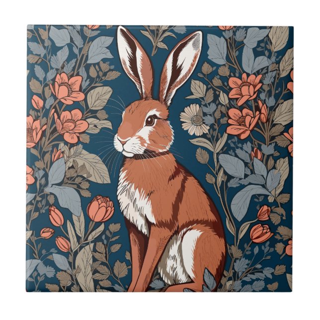 Sitting Hare William Morris Inspired Floral Tile (Front)