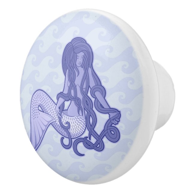 Sitting Mermaid Blue Ceramic Knob (Right)