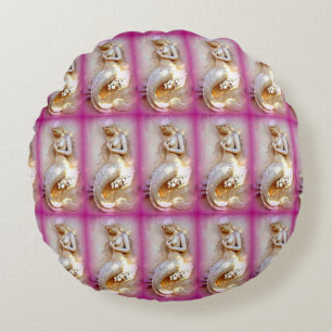 sitting mermaids pink round throw pillow