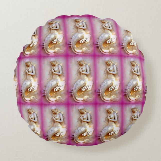 sitting mermaids pink round throw pillow (Front)