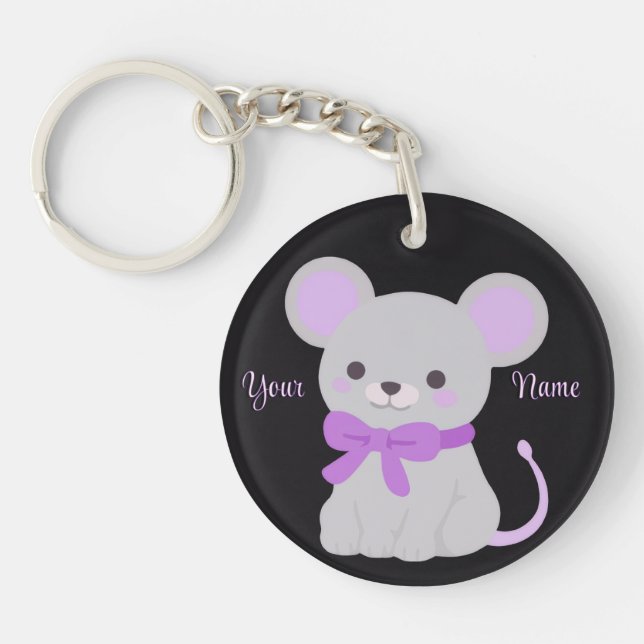Sitting Mouse Purple Bow Cute Kawaii Custom Key Ring (Front)