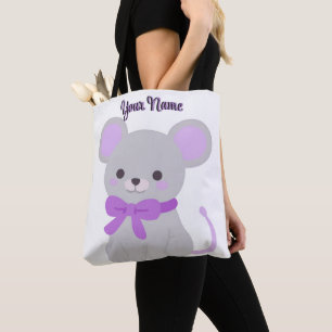 Sitting Mouse Purple Bow Cute Kawaii Custom Tote Bag