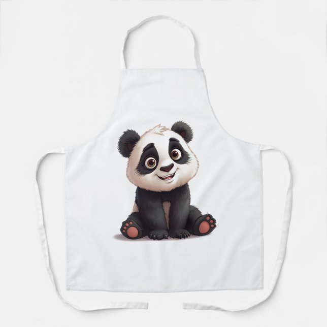Sitting Panda Bear Cartoon Illustration Artwork Apron (Front)
