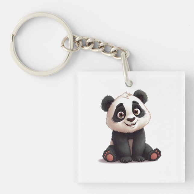Sitting Panda Bear Cartoon Illustration Artwork Key Ring (Front)