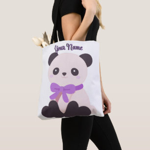 Sitting Panda Purple Bow Cute Kawaii Custom Tote Bag
