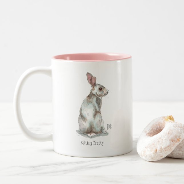 'Sitting Pretty' Rabbit Two Toned Mug. Two-Tone Coffee Mug (With Donut)