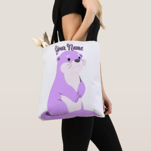 Sitting Purple Otter Cute Kawaii Custom Name Tote Bag