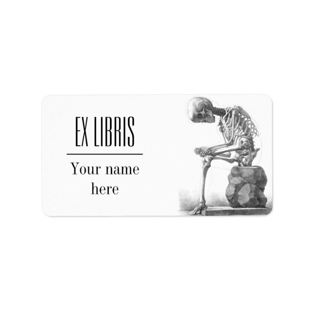 Sitting vintage skeleton thinking bookplate label (Front)