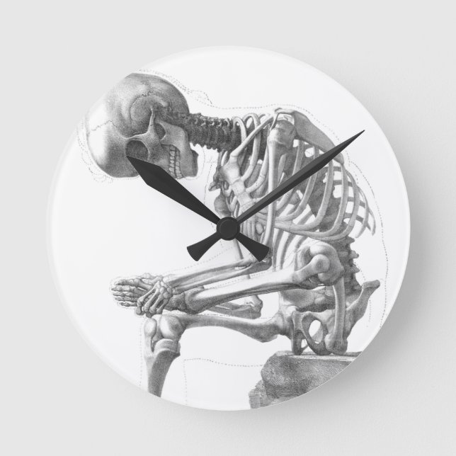 Sitting vintage skeleton thinking round clock (Front)