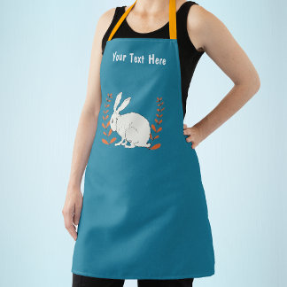 Sitting White Rabbit Orange Flower Plants on Blue Apron