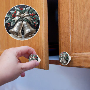 Siver Bells and Holly Christmas Ceramic Knob