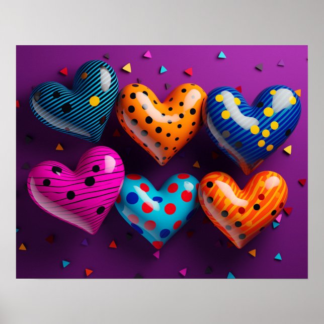 Six 3D hearts on purple background Poster (Front)