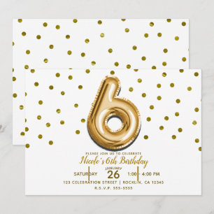 SIX 6 Gold Balloon & Confetti 6th Birthday Party Invitation