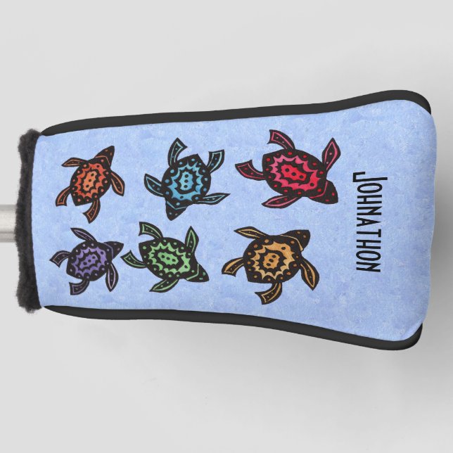 Six Abstract Black Turtles Colourful Marked Shells Golf Head Cover (Front)