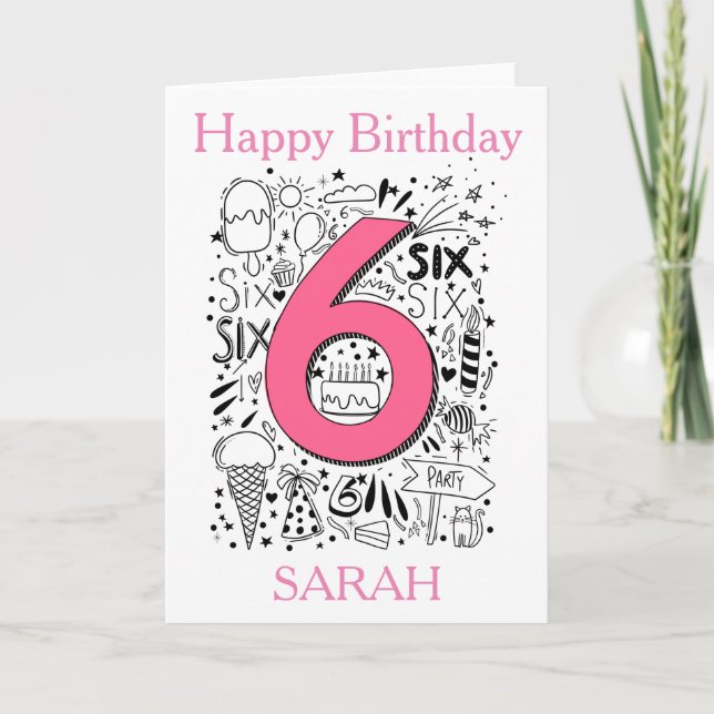 Six age 6th pink  birthday card (Front)