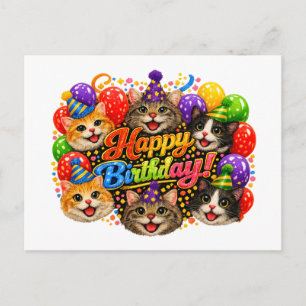 Six Cats Wishing You a Happy Birthday with Joy Postcard