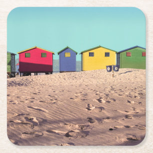Six Colourful Beach Hut   Cape Town, South Africa Square Paper Coaster