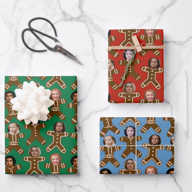 Six Face Gingerbread People Holiday Wrapping Paper Sheet (Front)