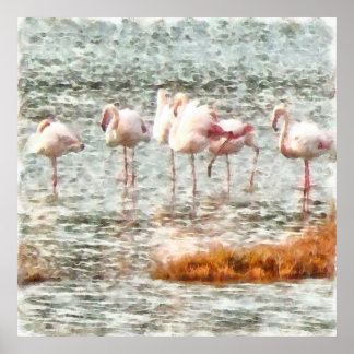 Six Flamingos A Wading Watercolor Poster