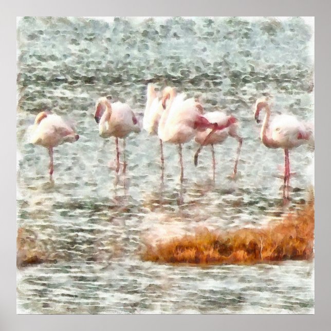 Six Flamingos A Wading Watercolor Poster (Front)