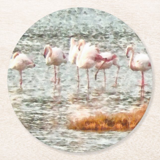 Six Flamingos A Wading Watercolor Round Paper Coaster (Front)