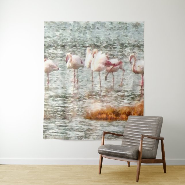 Six Flamingos A Wading Watercolor Tapestry (In Situ)