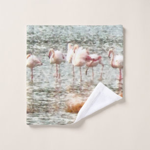 Six Flamingos A Wading Watercolor Wash Cloth