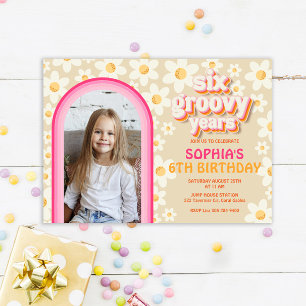 Six Groovy Retro Daisy Photo Birthday Invitation