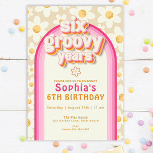  Six Groovy Years Boho Daisy Rainbow Birthday Invitation