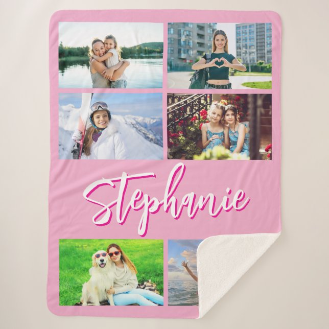 Six Horizontal Photo Collage Personalised Pink Sherpa Blanket (Front)