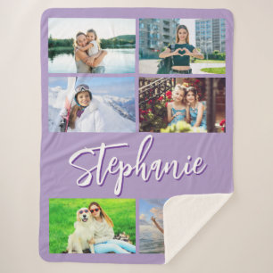 Six Horizontal Photo Collage Personalised Purple Sherpa Blanket