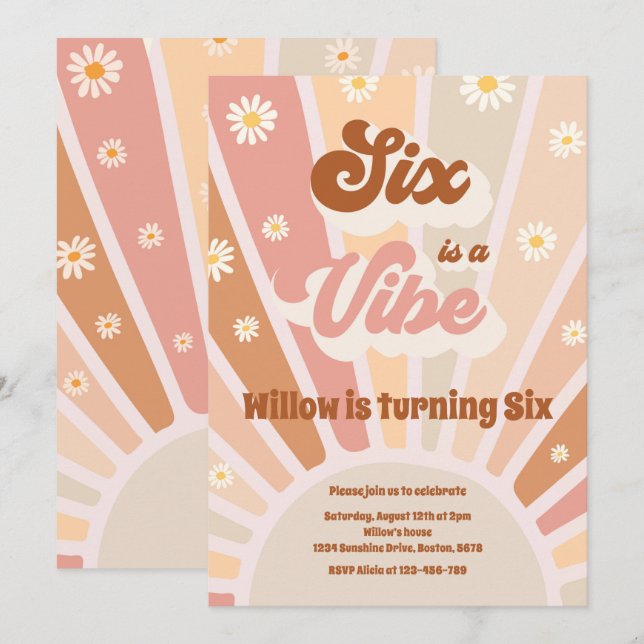 Six Is A Vibe Boho Sunshine 6th Birthday Party Invitation (Front/Back)