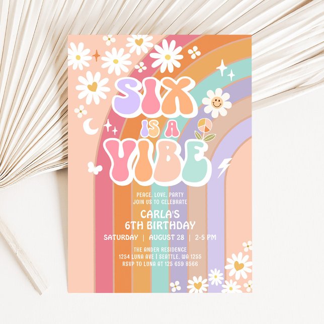 SIX is a Vibe Daisy Rainbow Groovy 6th Birthday Invitation (Creator Uploaded)