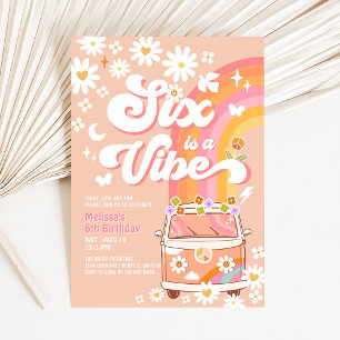 Six is A Vibe Girl Pink Peach Daisy 6th Birthday Invitation