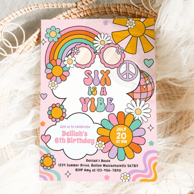 Six Is A Vibe Groovy 70s Flower Power Birthday Invitation (Creator Uploaded)