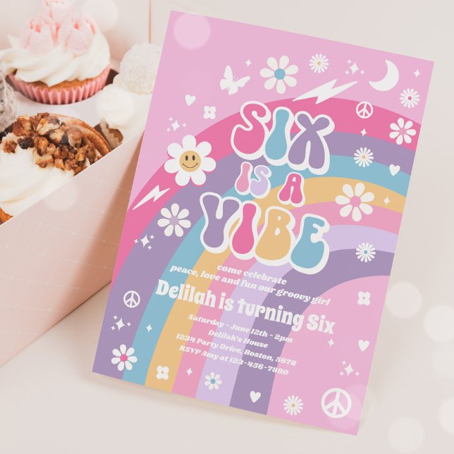 Six Is A Vibe Groovy Hippie Rainbow 6th Birthday Invitation (Creator Uploaded)