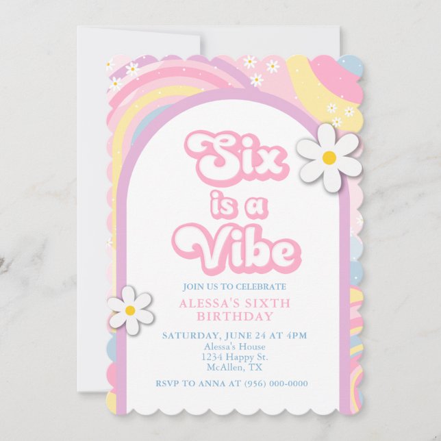 Six is a Vibe Groovy, Retro Girl Pastel Colours Invitation (Front)