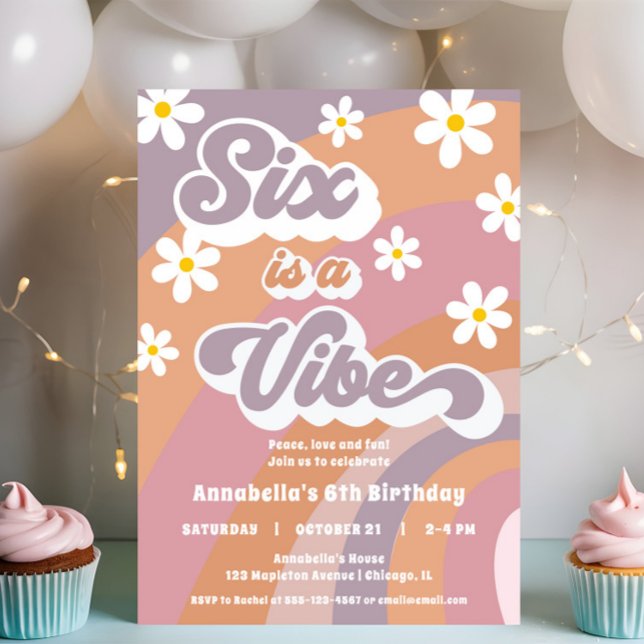 SIX is a Vibe groovy retro pastels girl birthday Invitation (Creator Uploaded)