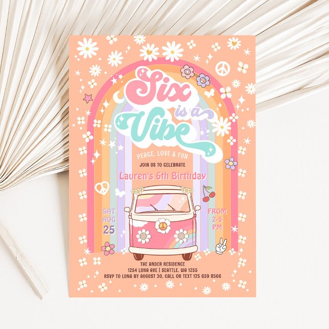 SIX is a Vibe Groovy Van Hippie 6th Birthday Invitation (Creator Uploaded)