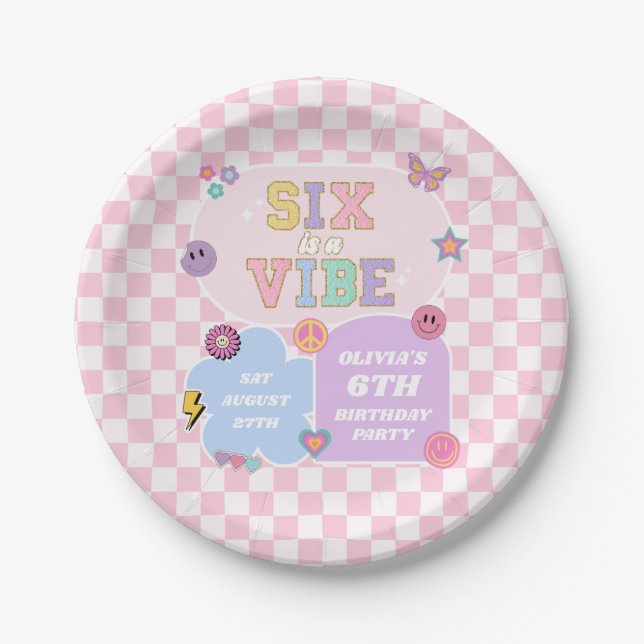 Six Is A Vibe Preppy Patch 6th Birthday Party Paper Plate (Front)