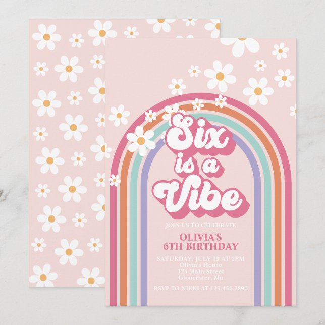 Six is a Vibe Rainbow 6th Birthday Invitation (Front/Back)