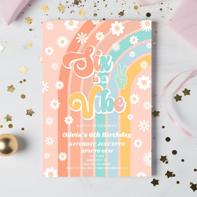 Six Is A Vibe Rainbow Daisy 6th Birthday Party Invitation (Creator Uploaded)