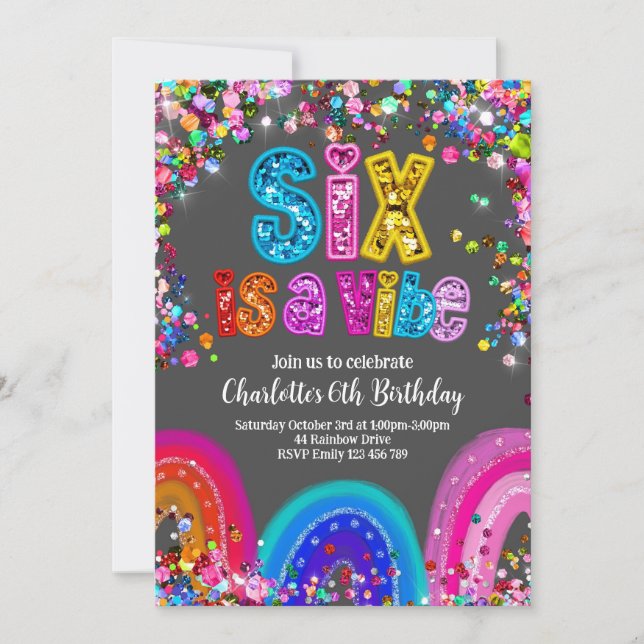 Six is a Vibe Rainbow Party Invitation (Front)