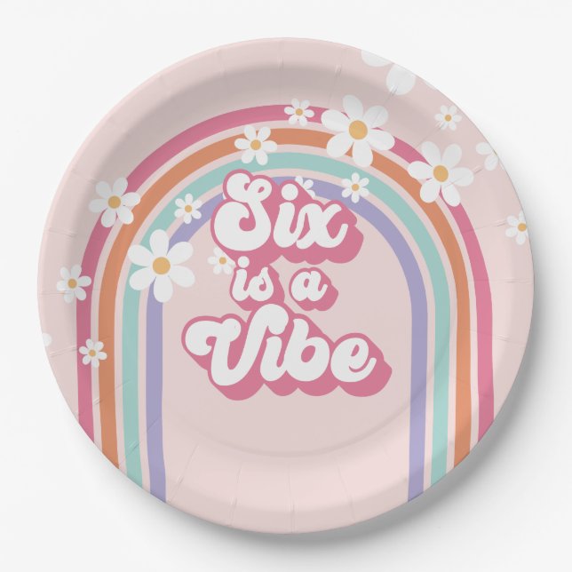 Six is a Vibe Rainbow Pink 6th Birthday Paper Plate (Front)