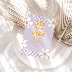 Six is a Vibe Retro Check Lilac Daisy Invitation
