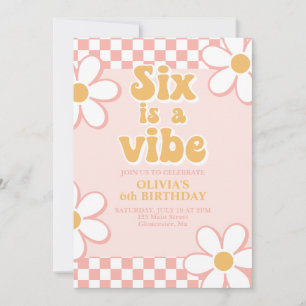 Six is a Vibe Retro Check Pink Daisy Invitation