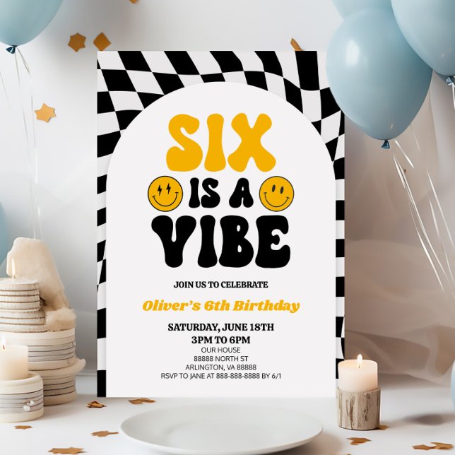 Six Is A Vibe Retro First 6th Birthday Party Invitation (Creator Uploaded)