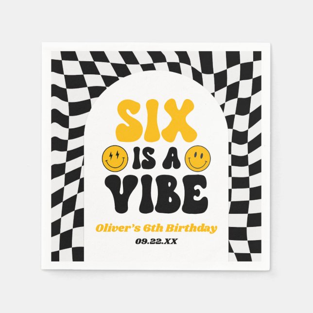 Six Is A Vibe Retro Sixth 6th Birthday Party Napkin (Front)