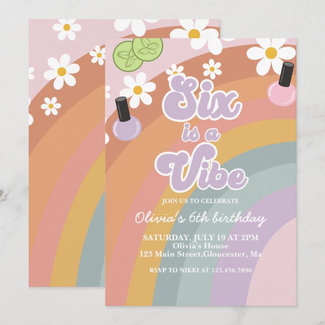 Six is a vibe Spa Rainbow 6th Birthday Invitation (Front/Back)