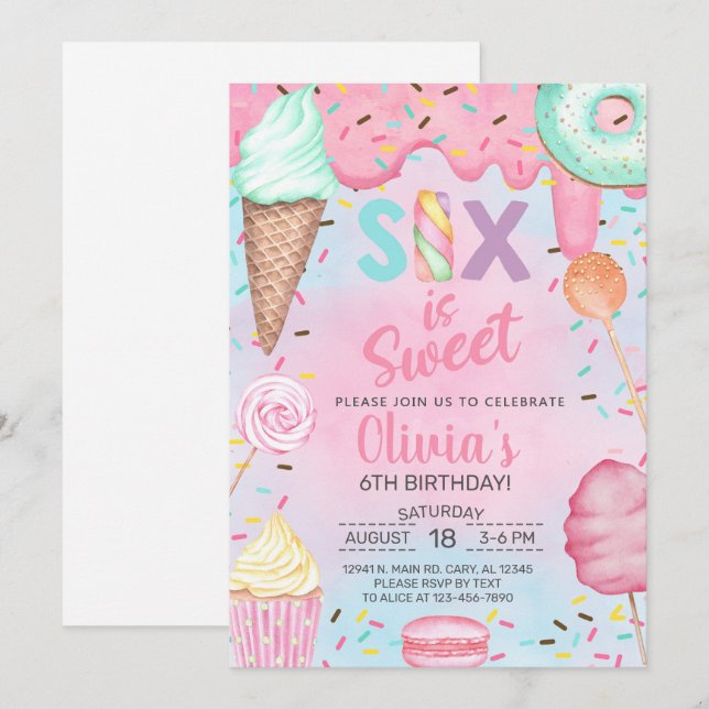 Six is so Sweet girl 6th sixth birthday invitation (Front/Back)